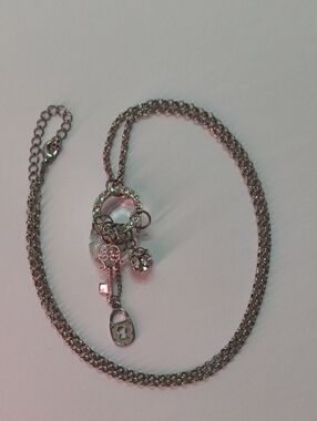 Long Lock & Key Crystal Pendant Necklace - Silver Tone